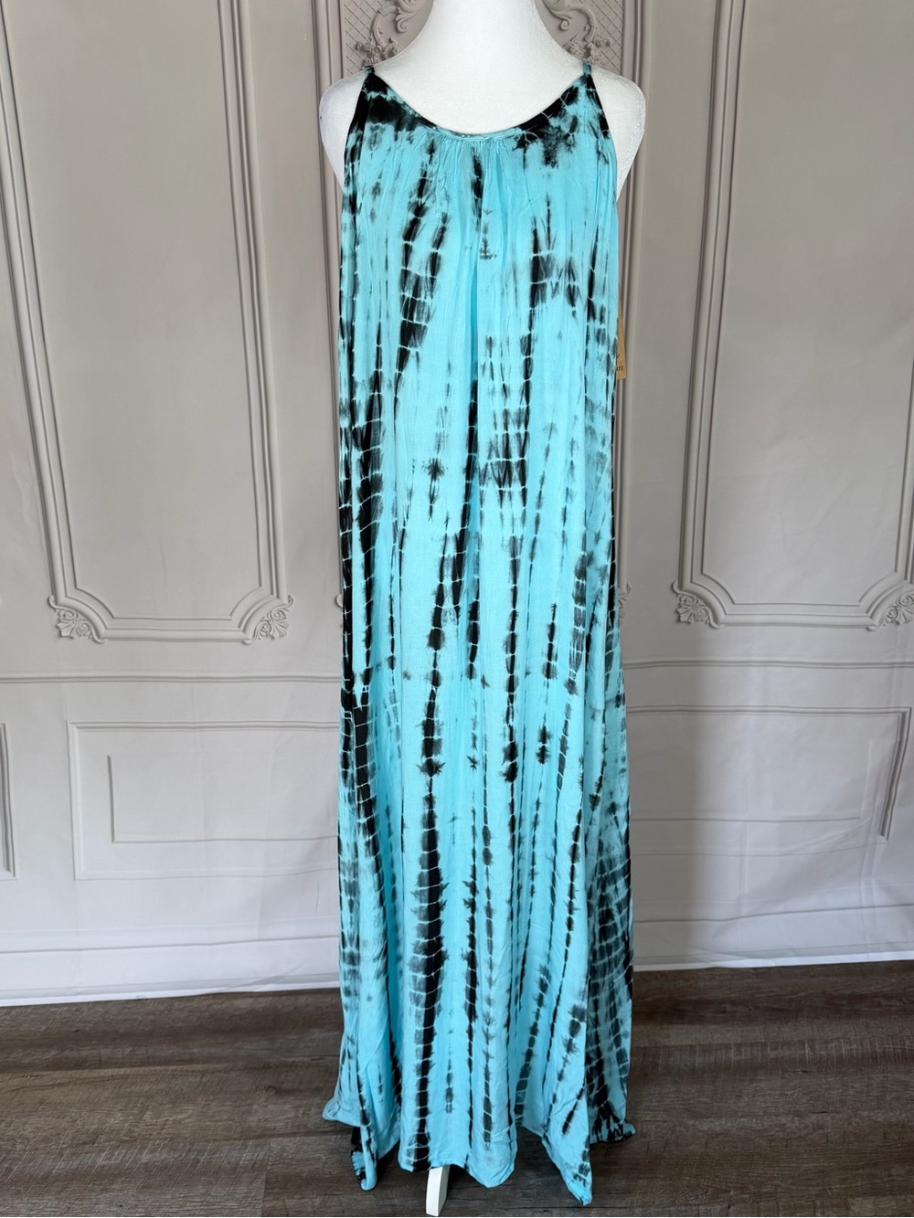 Riviera Sun Size M Teal Tie Dye Maxi Dress Ladder Cutout Back Halter Boho Beach